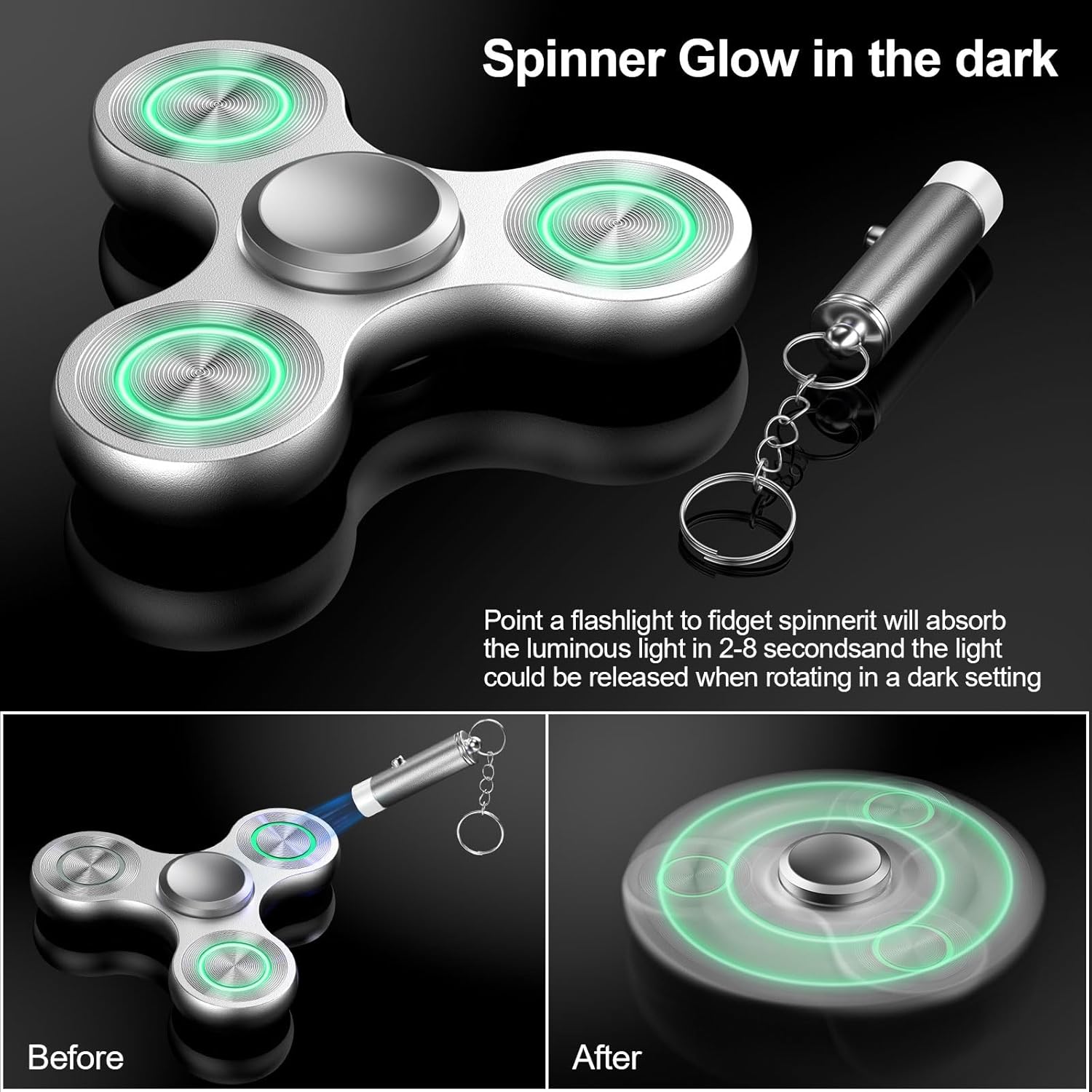 ATESSON Metal Light Up Fidget Spinner Toys, Durable Stainless Steel Bearing High Speed Silent with Fluorescent Precision Focus Anxiety Stress Relief Boredom Fidget Spinners for Kids & Adults Silver