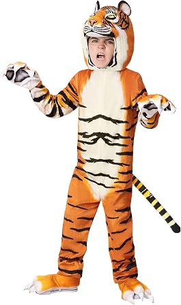 Kids Realistic Tiger Costume with Headpiece & Tail - Includes Mitts, Shoe Covers, Striped Jumpsuit