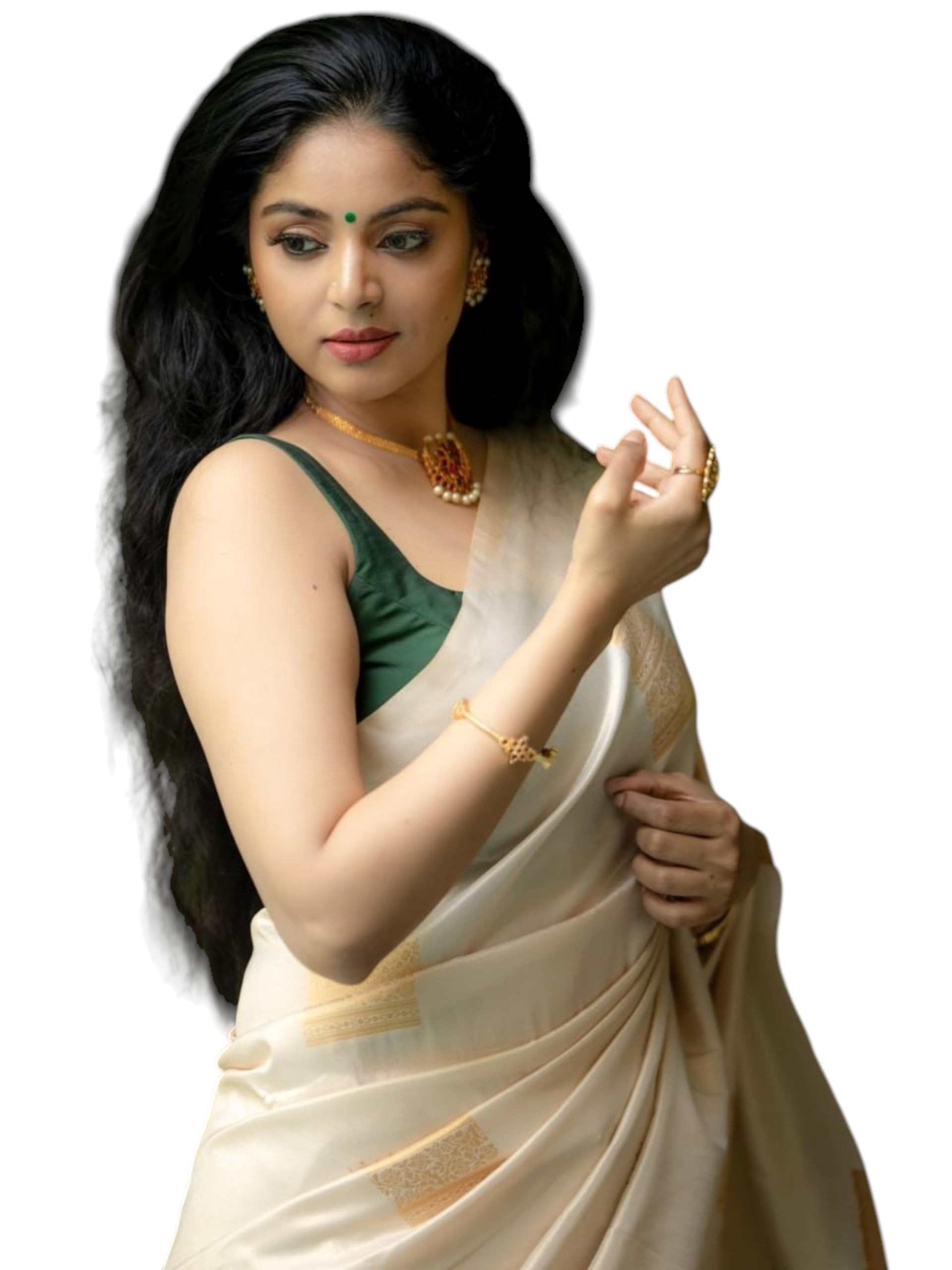 Women’s Banarasi Silk Saree Cream & Green with Zari Work Elegant Traditional Wea-image-46