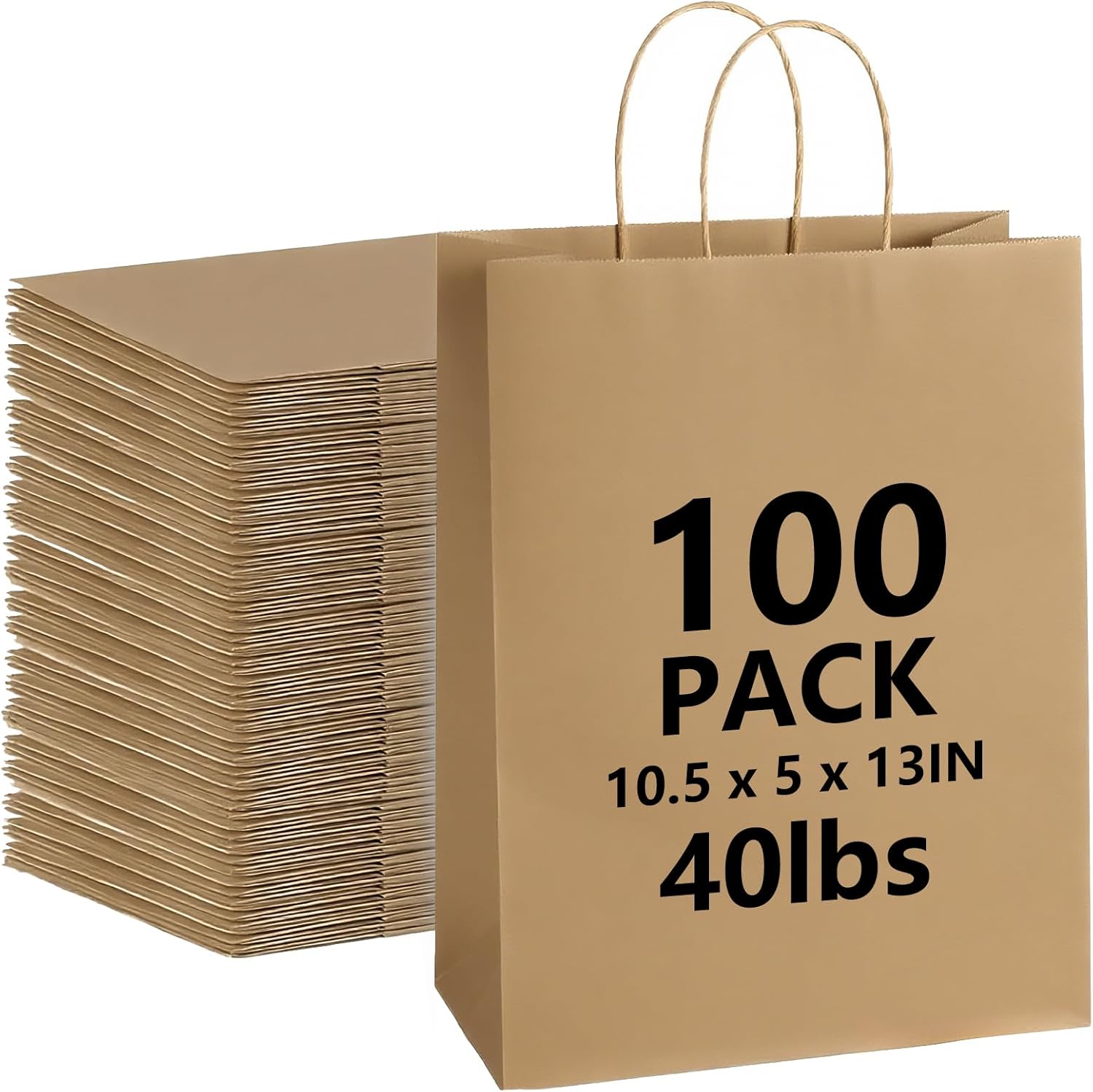 100Pcs 40 LB Brown Paper Gift Bags Bulk with Handles 10 x 5 x 13 Inch - Medium Size Kraft Goodie Bag, Blank Paper Bags for Shopping Retail, To Go, Small Business, Weddings, Birthdays, Festivals