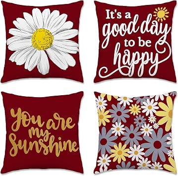 Hexagram Summer Pillow Covers 18x18, Burgundy Pillow CoversNo Insert | You are My Sunshine, Outdoor, Summer Daisy Decorative, Farmhouse, Cushion, Couch, Sofa, Indoor, Home Decor