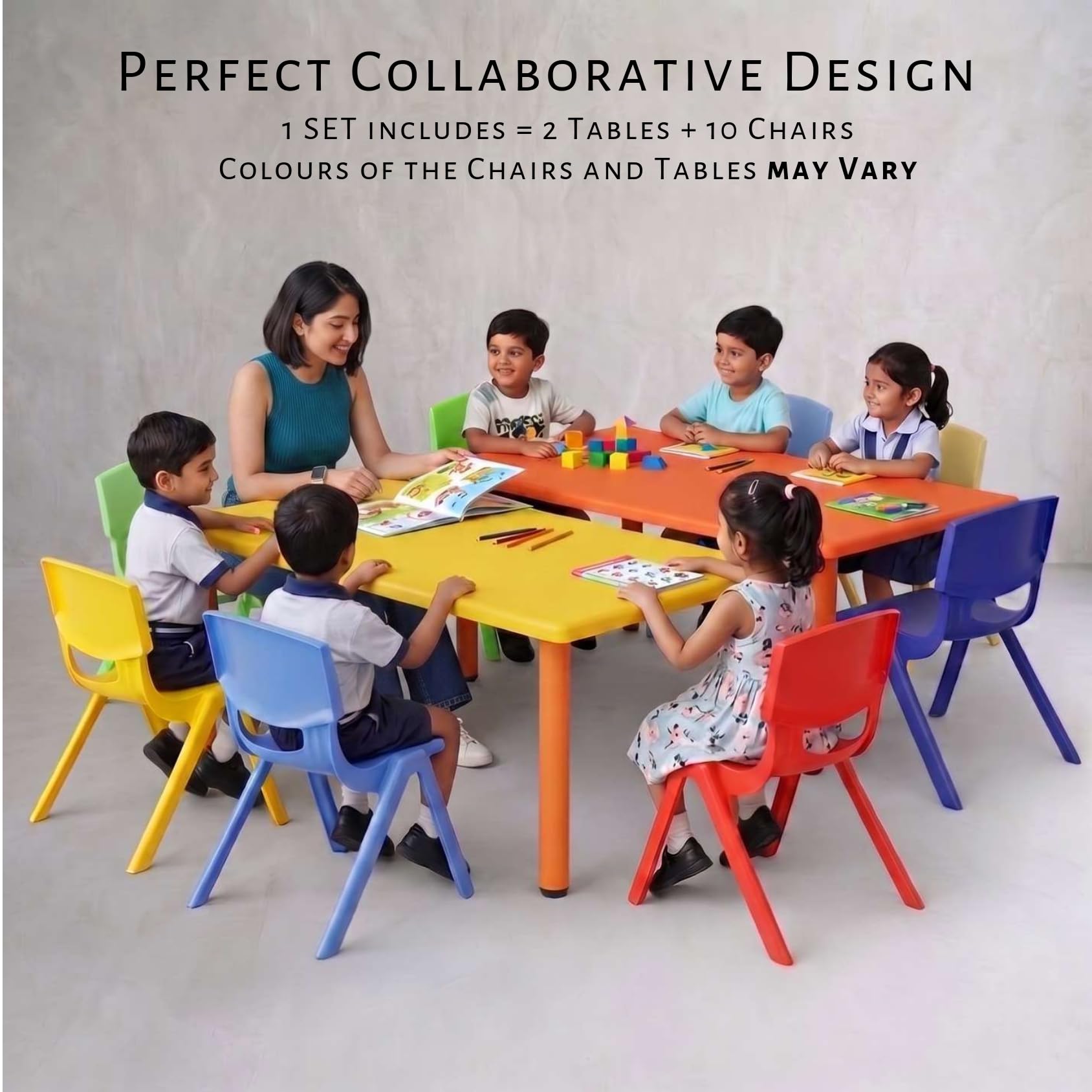 eHomeKart Rectangle Kids Table Set of 2 with 10 Chairs – Two Plastic Study Table for Home or School (48" L x 24" B) – Indoor & Outdoor Use – Color May Vary – 10 Chairs 2