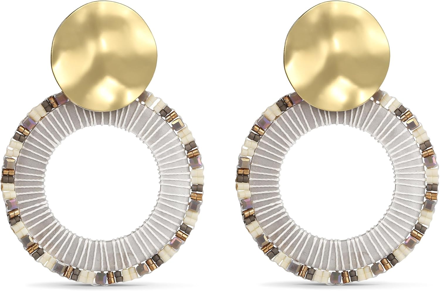 Boho Beaded Circle Earrings for Women Lightweight Statement Dangle Earrings Drop with Hammered Gold Disc Colorful Hoop Trendy Boho Jewelry Gift