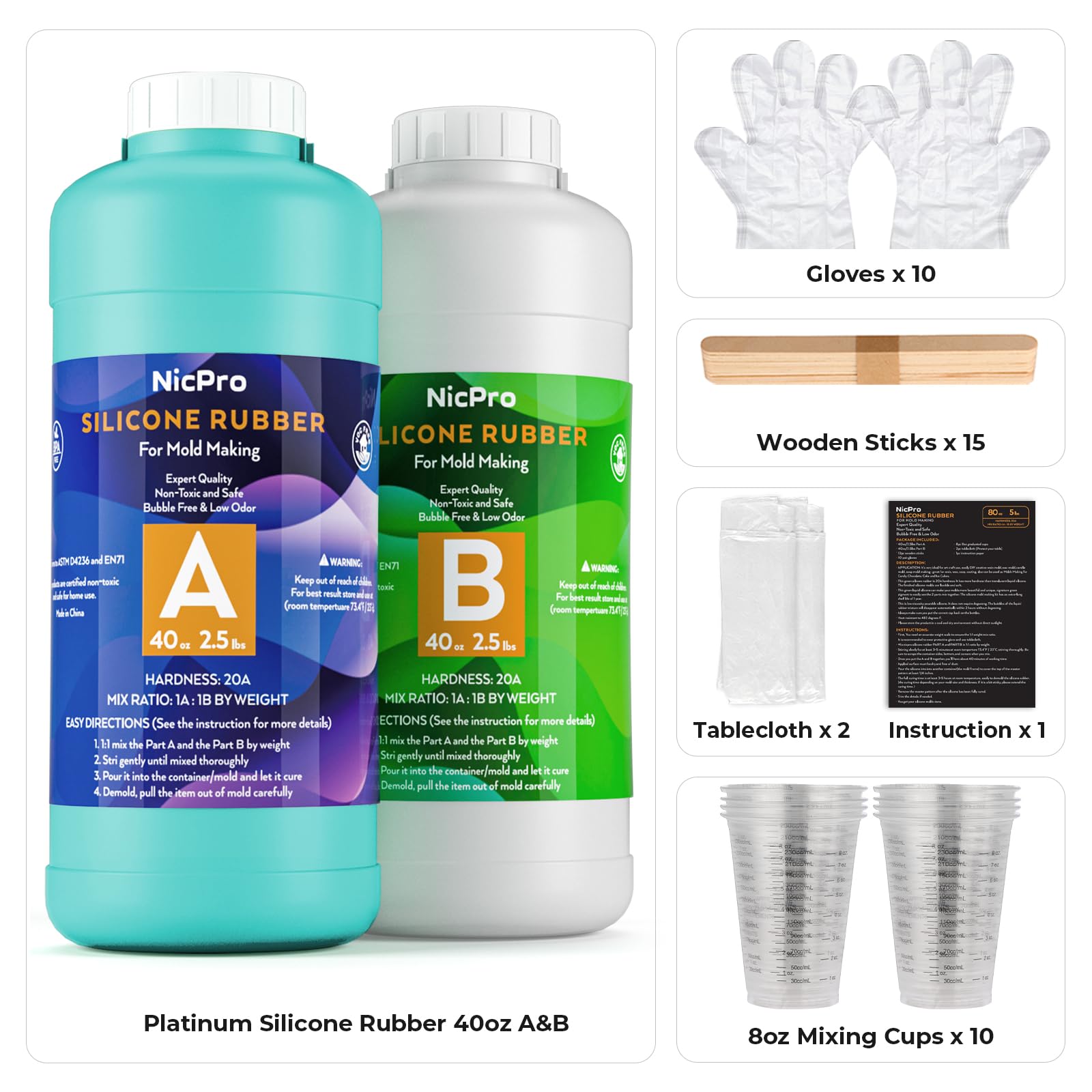 Nicpro 80 oz Silicone Mold Making Kit 20A, Platinum Liquid Silicone Rubber for Mold Maker, Jade Green Flexible & Food Safe Mix Ratio 1:1 for Casting 3D Resins Molds DIY with Gloves, Sticks & Cups