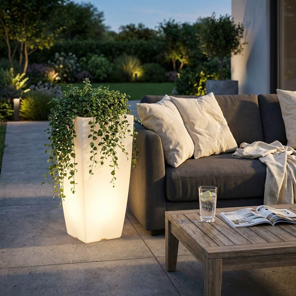 milani home - Vaso Luminoso da Esterno con Luce Bianca, 33 x 33 x 70 cm, in Polipropilene, per Giardino terrazzo e Ingresso