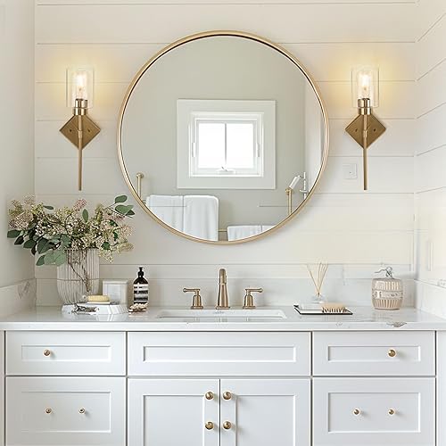 Miniatura 7 de Lámparas de baño de 3 luces, lámparas de tocador de baño doradas con pantalla de vidrio transparente, lámparas de pared modernas para espejo, sala