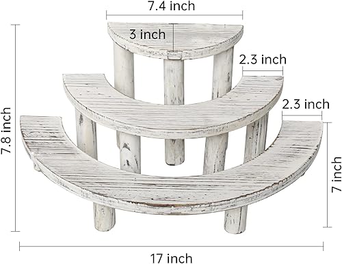 Miniatura 4 de Soporte de madera para cupcakes de 3 niveles, rústico, encalado, escalonado, elevador de exhibición de cupcakes, semicírculo, blanco, soporte para