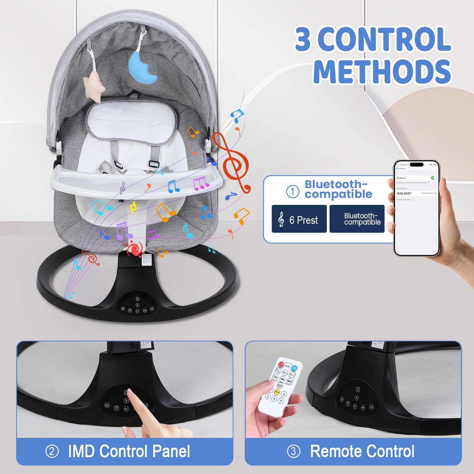 Transat Bébé Évolutif Balancelle Électrique avec Bluetooth/Télécommande - Harnais 5 Points, Mouvement Up-Down, Pare-Soleil et Alimentation Piles/Secteur - Transat Balancelle Bébé 0-24
