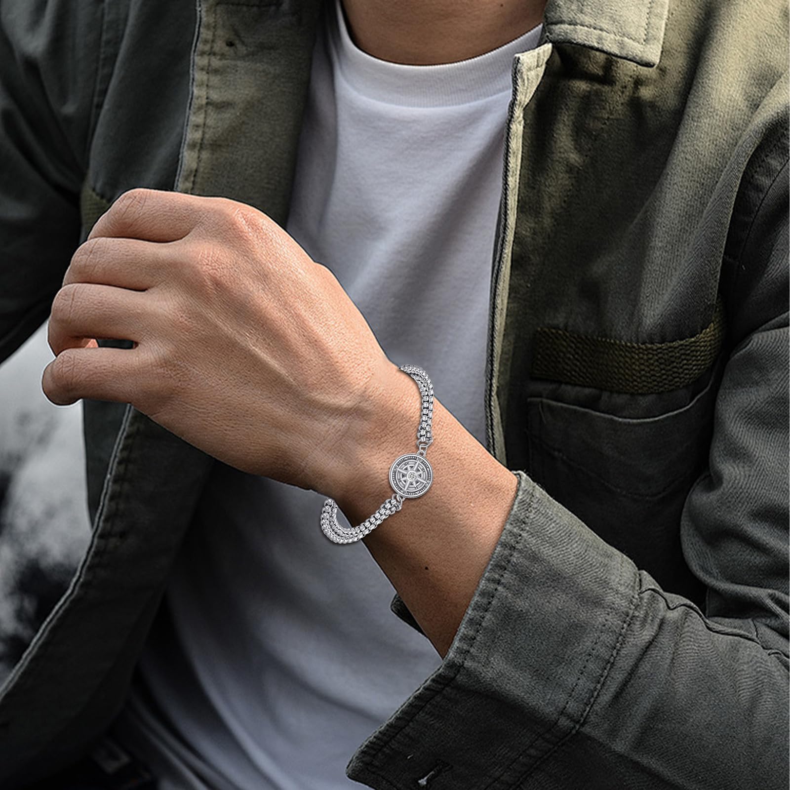 925 Sterling Silber Wikinger Armband für Männer Wolf/Drache/Odin/Kompass Armband Wikinger Schmuck Geschenke, mit Edelstahlkette