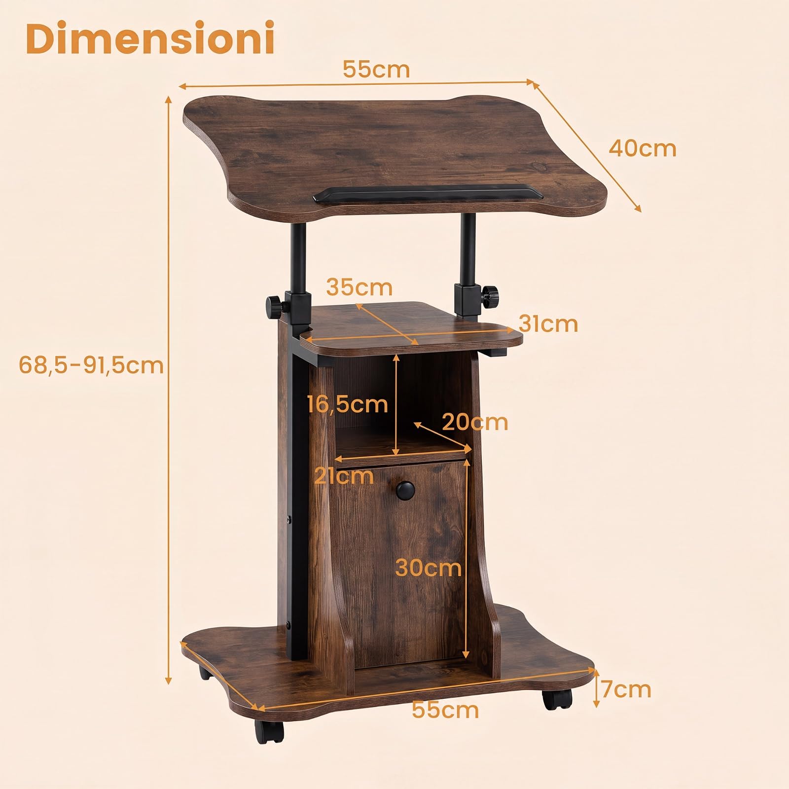 COSTWAY Podio Conferenza, Leggio Regolabile in Altezza con Ruote, Piano Inclinabile, Ripiano, Vano e Armadietto, Scrivania Porta PC per Casa e Ufficio, 55 x 40 x 68,5-91,5 cm