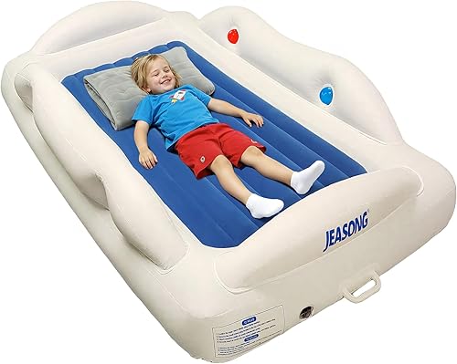JEASONG Cama inflable portátil para niños pequeños con 4 lados de seguridad, bomba eléctrica para colchón de aire para camping, fiestas de pijamas y