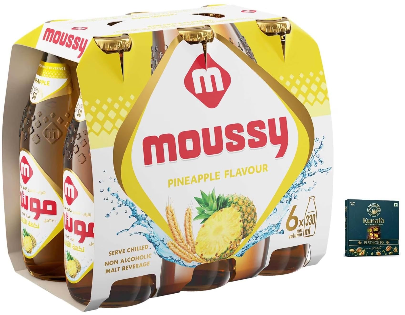 Moussy Pineapple Flavour Non Alcoholic Malt Beverage, Pack of 6 x 330ml Bottles, Serve Chilled Get Flavourito Kunafa Chocolate 20g Absolutely Free From DECADENT FOODS-image-12