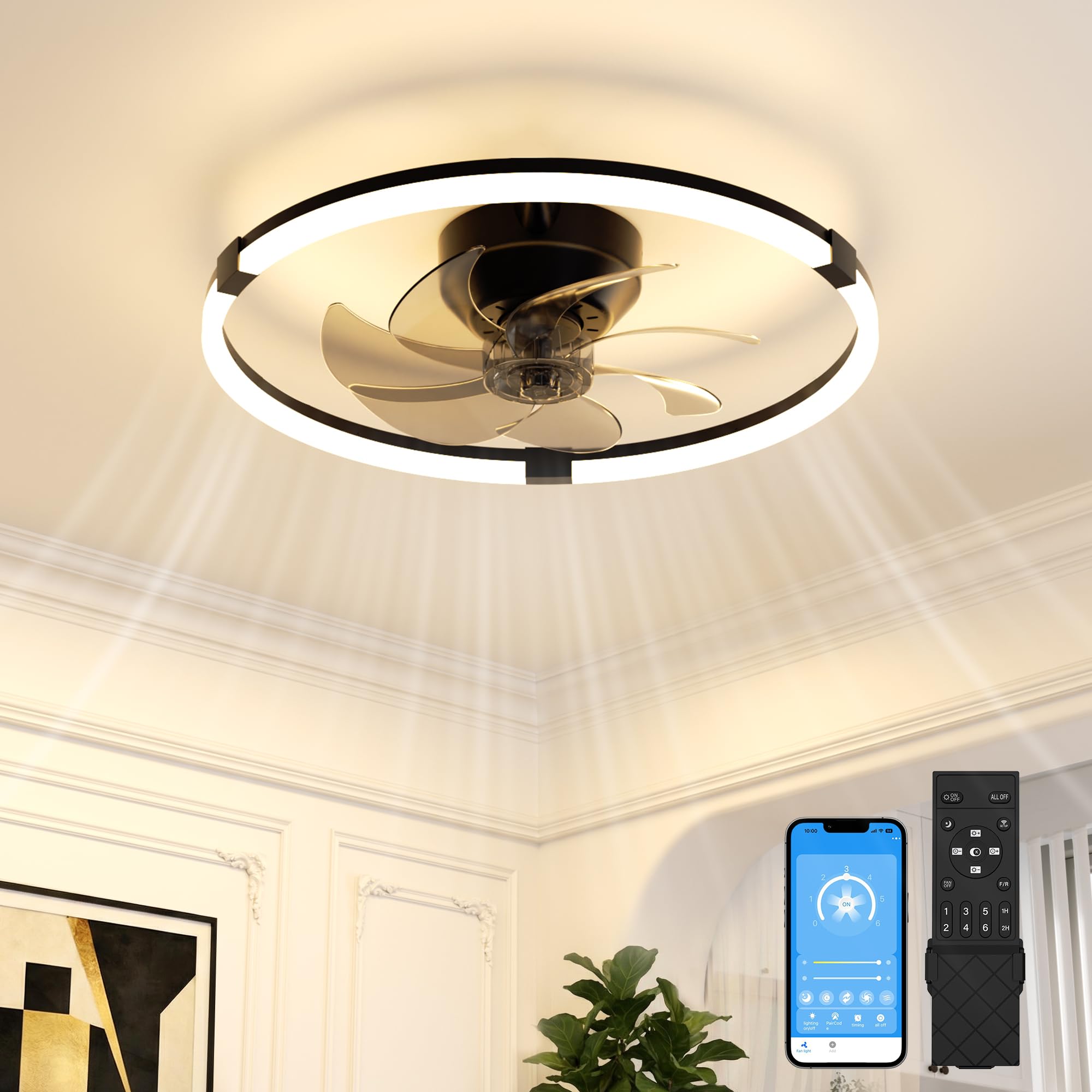 VOLISUN Low Profile Ceiling Fan with Lights and Remote, 19.7in Bladeless Ceiling Fans with Light Flush Mount, Dimmable Modern LED Fan Light, Black Fandelier Ceiling Fans for Bedroom,Living Room