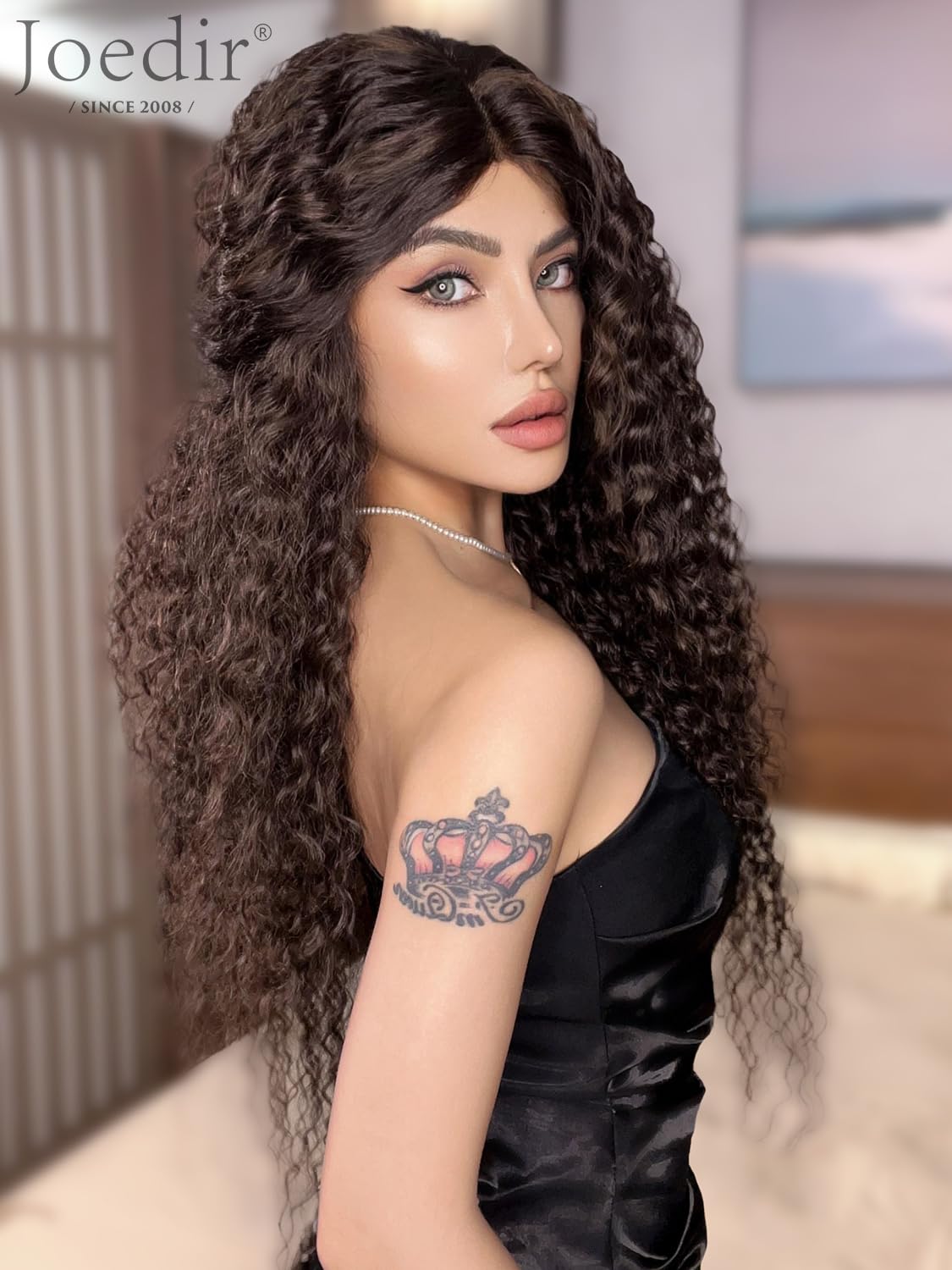 Joedir Long Deep Curly Wavy Lace Front Wig Dark Brown Synthetic Wigs for Women Glueless Lace Wig 30 Inch Middle Part Natural Looking Heat Resistant Fiber Wig for Daily Party Use - Image 3