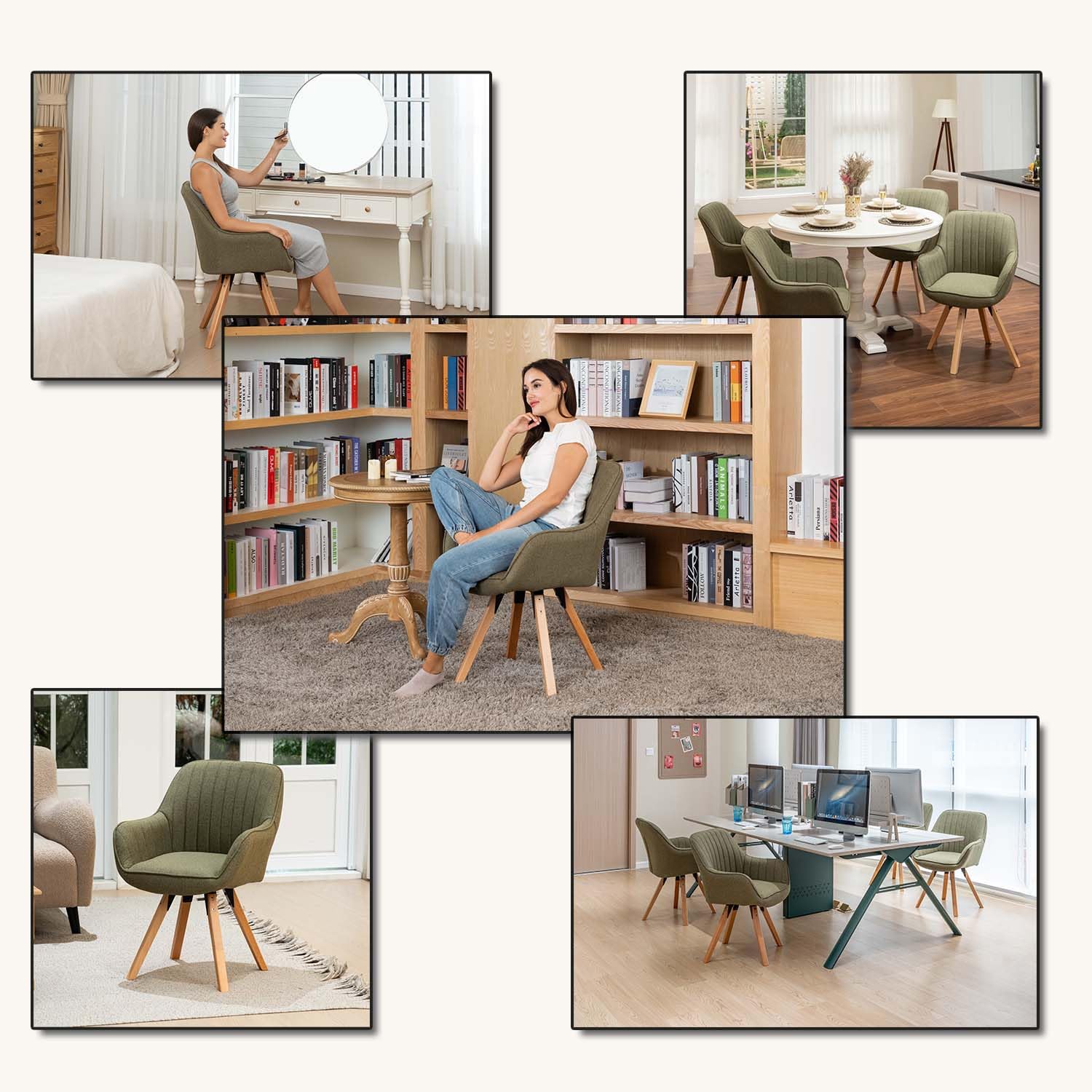 MEUBLE Cosy Esszimmerstühle Drehbar 1 Stück Küchenstuhl Polsterstuhl Drehstuhl mit Armlehne Sessel Schminkstuhl aus Stoff Massivholzbeine für Esszimmer Wohnzimmer Arbeitszimmer, Grün