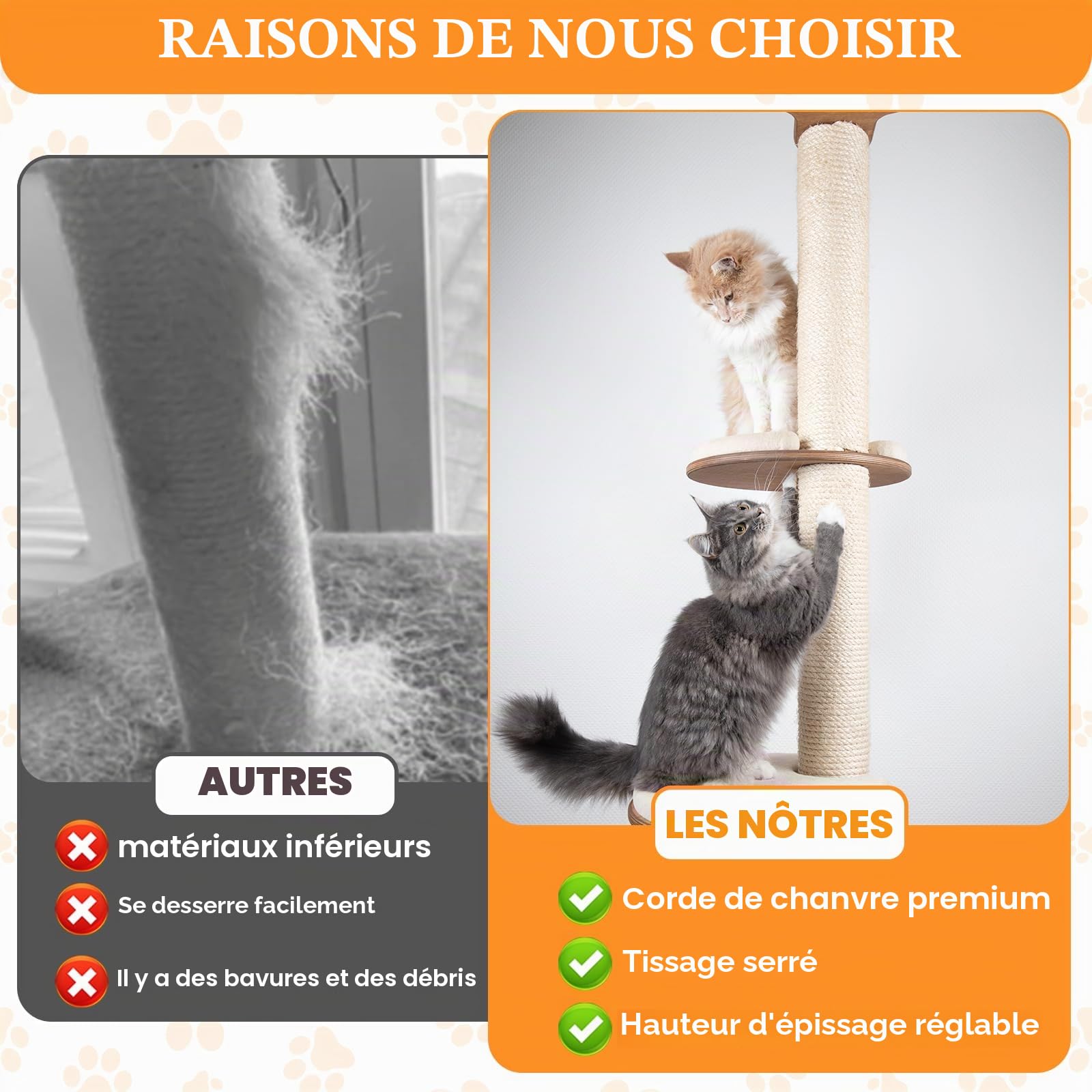 Tronc de rechange pour griffoir en sisal, diamètre 7 x 34 cm, accessoire pour griffoir en sisal, hauteur 70 cm, avec vis M8 et clé anglaise