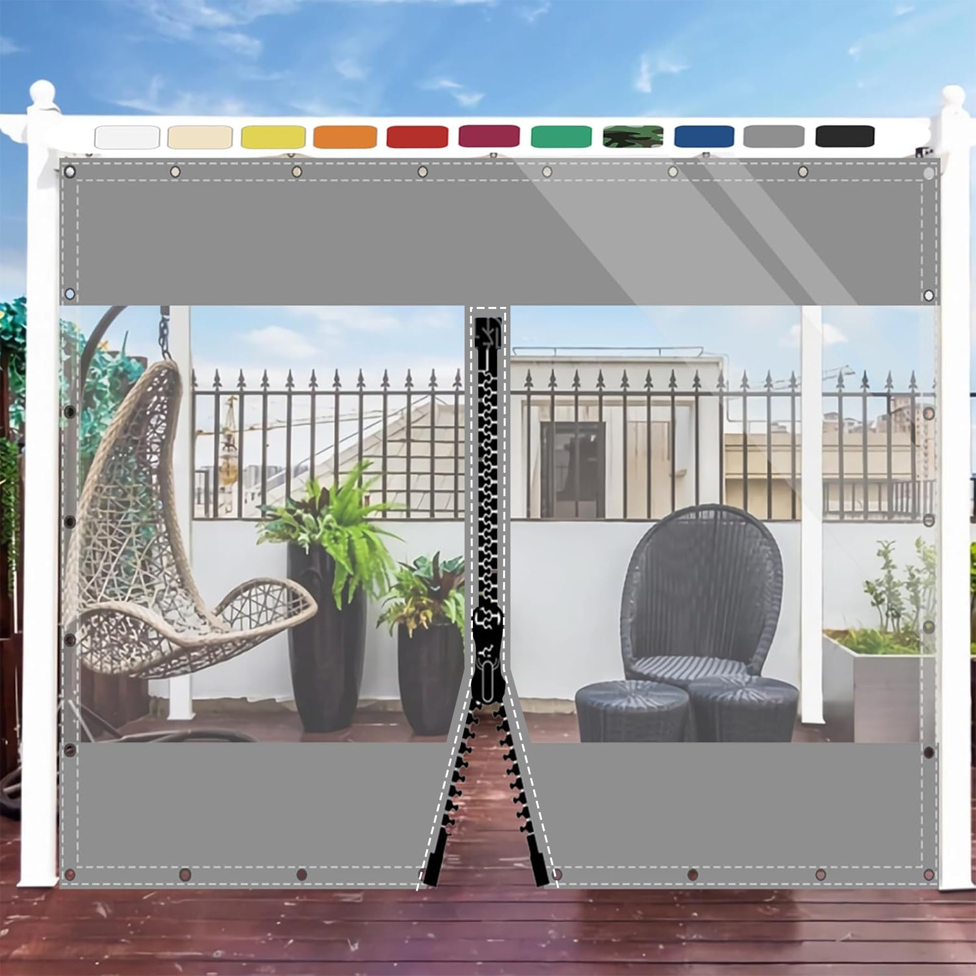 Rideaux de séparation Transparents avec œillets, en PVC - 0,5 mm - pour Pavillons, pergola, balcons, Jardins, Garage, Potence - 2 x 2,2 m (H x L) - Gris - avec 1 Fermeture éclair