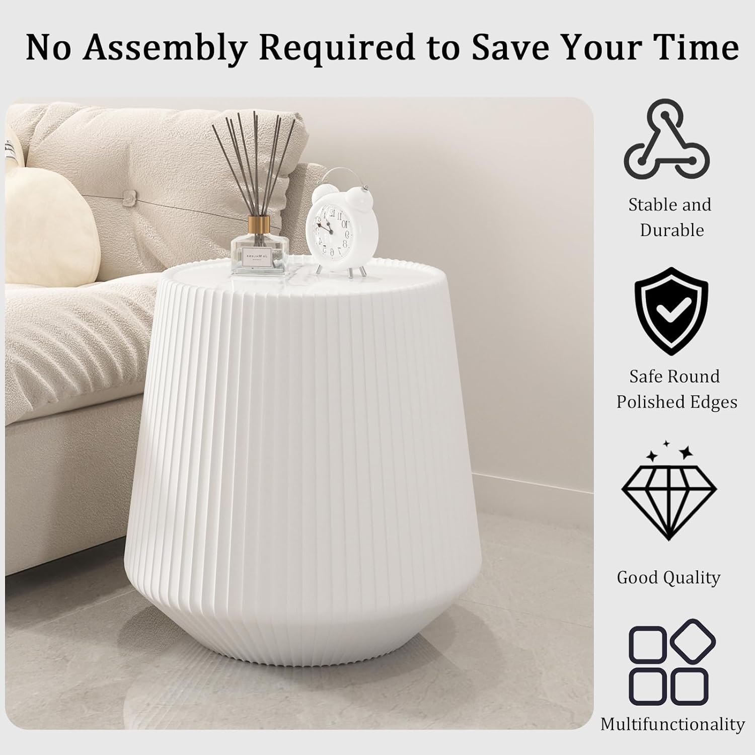 Round Living Room Table Set, 26.77" Grey Drum Center Table and 19.68" White Coffee Table Set, 2 Pieces Coffee Table Set with Sintered Stone Tabletop, Fluted PU Leather Covered and Stable Base