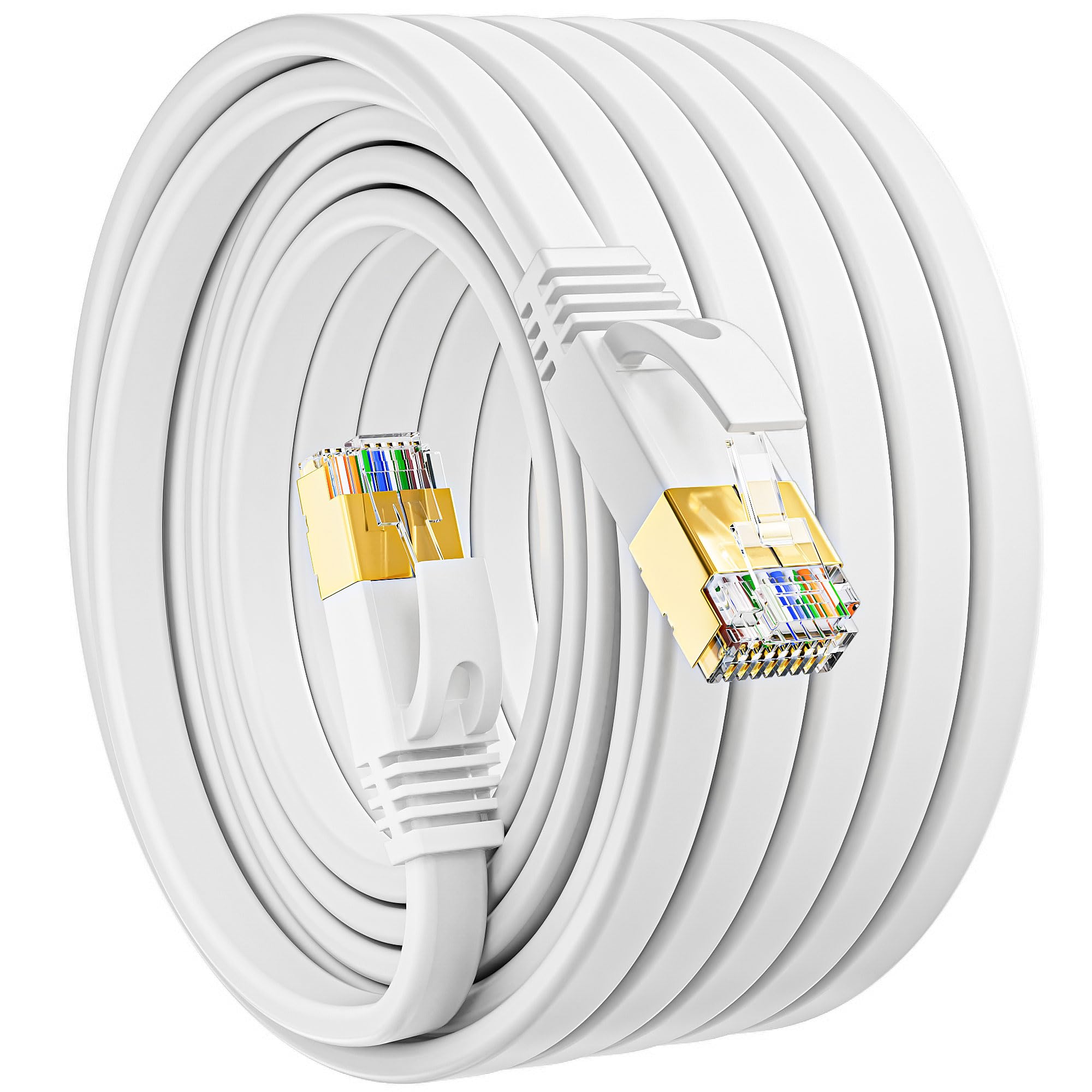 MEIPEK Cat 7 Câble Rj45 Blindé 50m, Câble Ethernet 50 Mètres Cable Réseau Plat Haut Débit Fibre 10Gbps 600MHz LAN Internet Long Blanc Fil Ethernet pour Routeur Modem