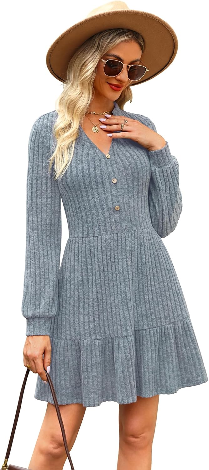 Kranda Women 2026 Spring Long Sleeve Button V Neck Casual Knit Ribbed Winter Sweater Short Mini Dresses with Pockets - Image 2
