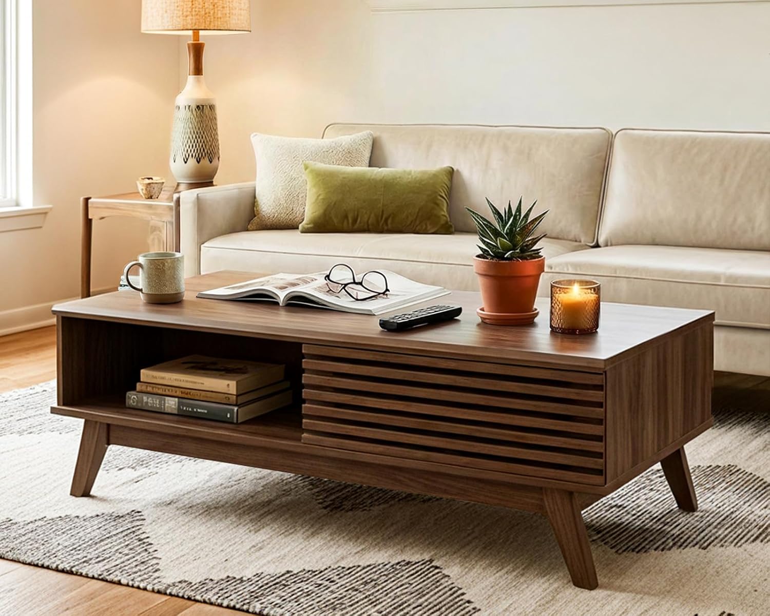 AODK Coffee Table with Storage, Mid Century Modern Wood Table with Dual Sliding Doors, Large Slatted Cocktail Table for Living Room, 47.2‘’ x 23.6'', Walnut