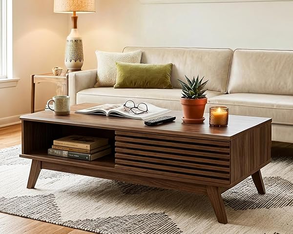 Slatted Walnut Table with Sliding Doors