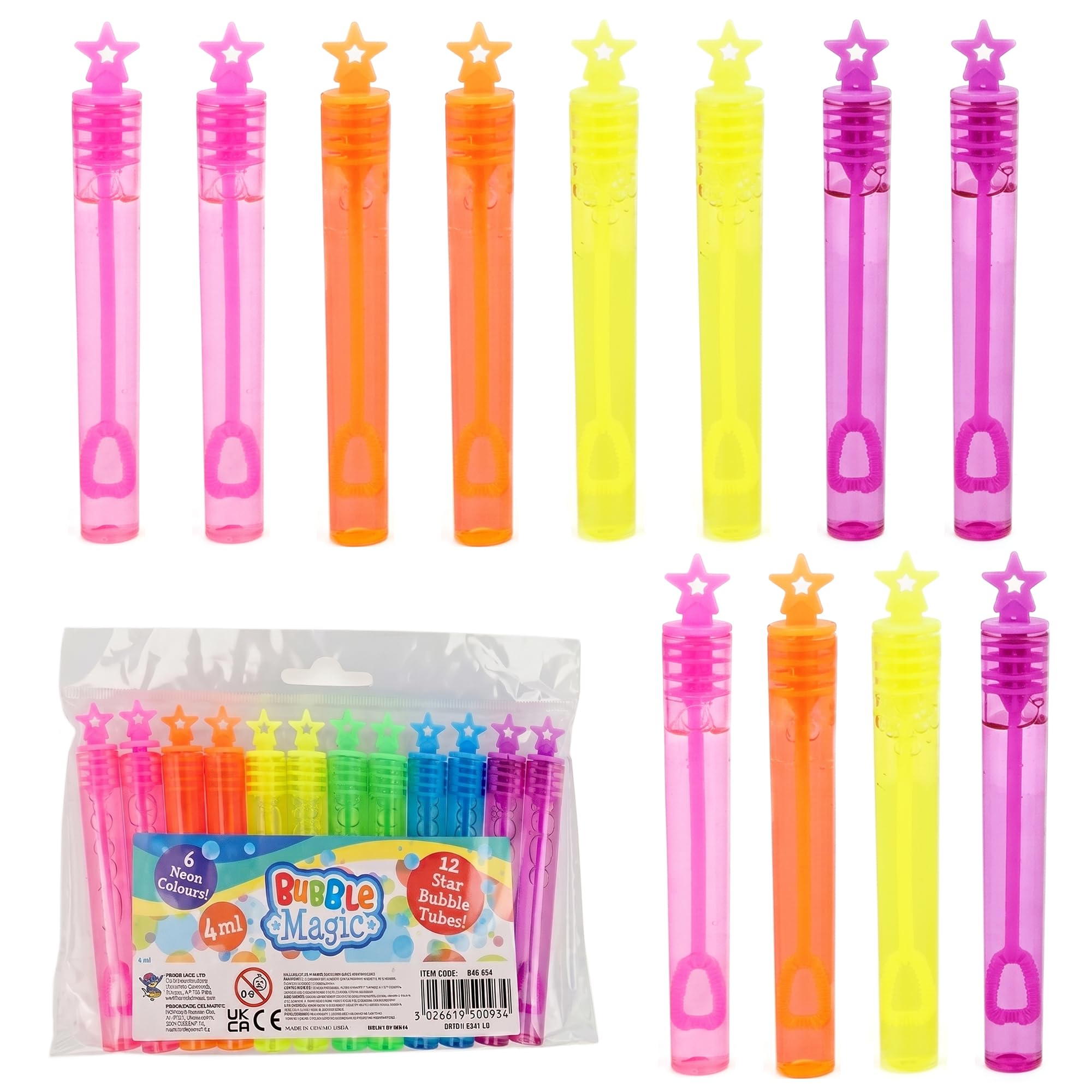 Lizzy 24 Pack Bubble Tubes with Star Wand Mini Bubble Party Bag Fillers Neon Bubble Tubes 4ml Bubble Wands for Party Favours Birthday Gifts Classroom Rewards Summer Outdoor Fun