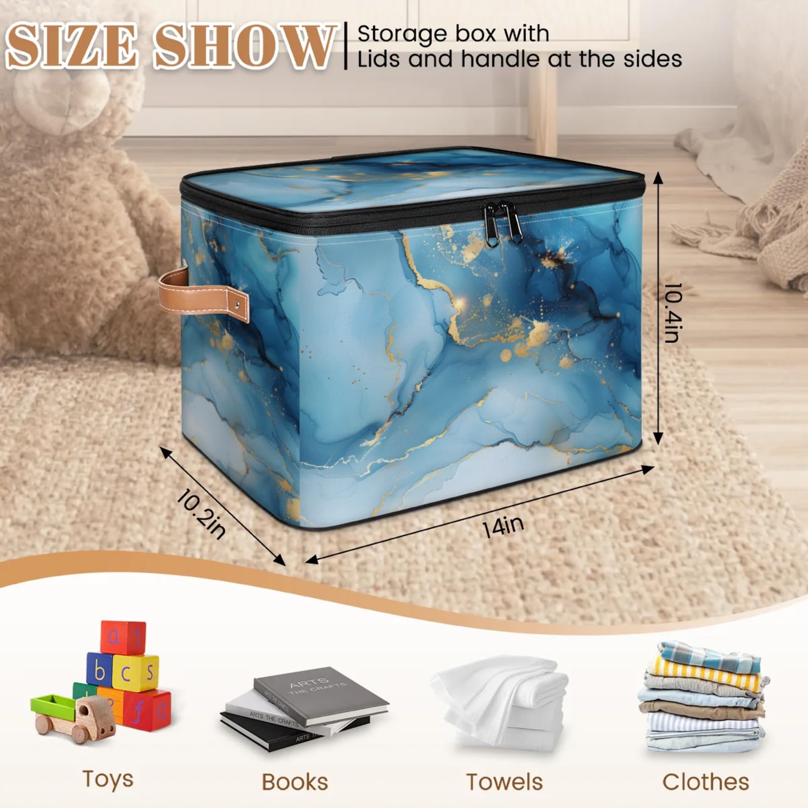 Confezione da 2 contenitori in marmo blu con coperchio con cerniera in tessuto, cubi per la casa, cestini per vestiti, organizer contiene marmo