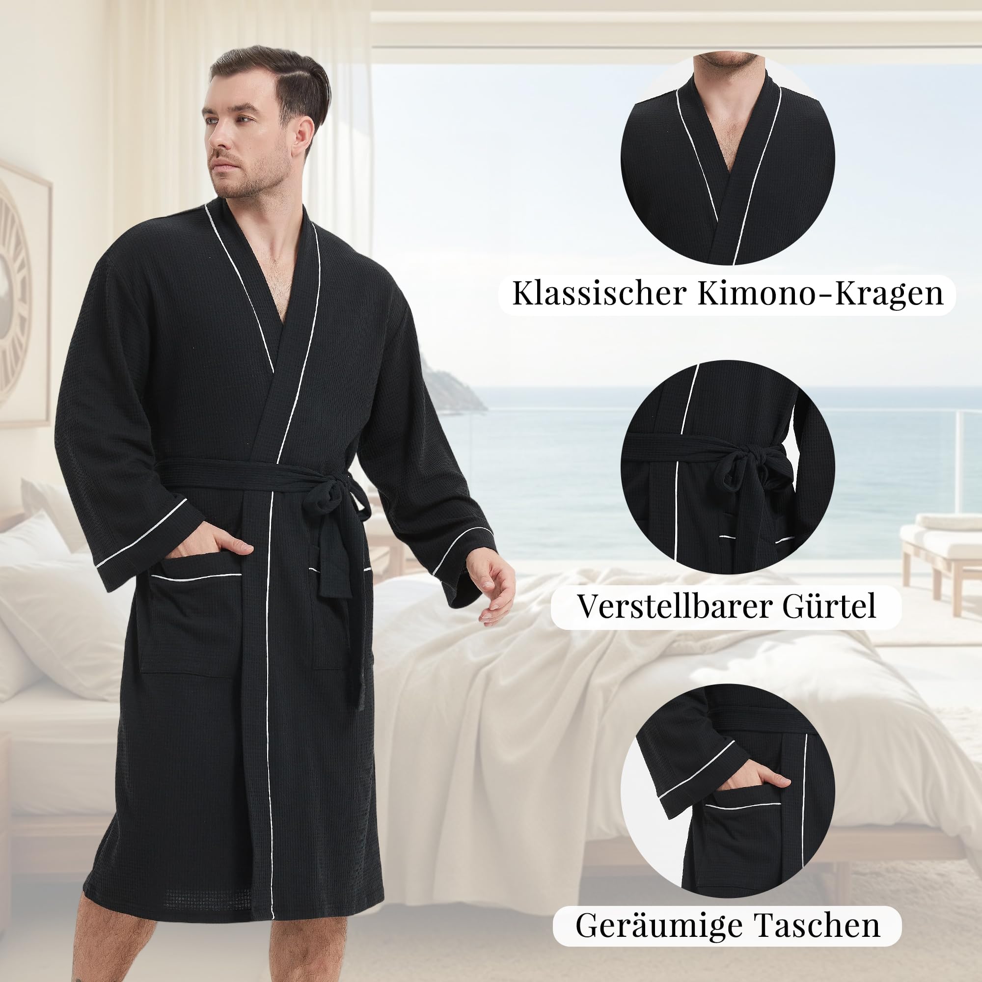 Mnemo Albornoz ligero para hombre Albornoz de algodón Kimono Waffle Bata Hombre