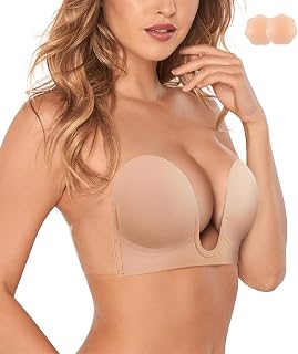 Plunge Strapless Sticky Push Up Bra Backless Adhesive Invisible, with Nipple Covers
