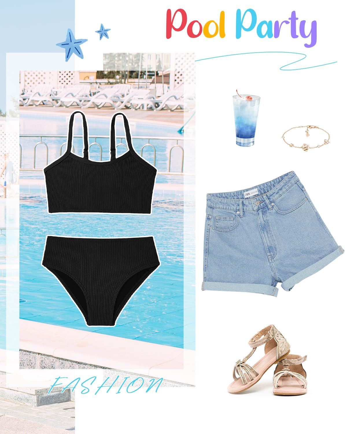 Century Star Girls Swimsuit 2-Piece Ribbed Bikini Set Adjustable Strap Bathing Suits for Teens Swimwear Solid - Image 3