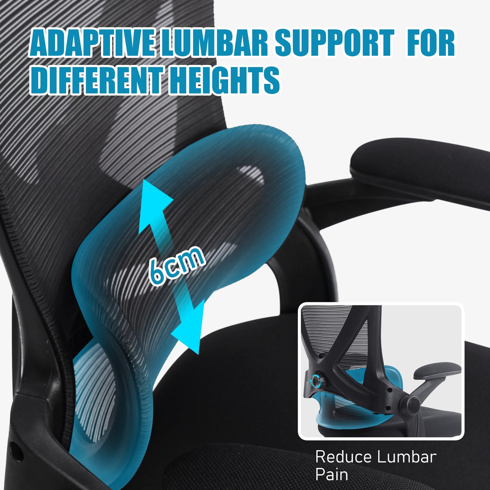 Silla de Oficina Ergonómica con Soporte Lumbar Ajustable, Reposabrazos 3D, Reposacabezas 2D, Silla Escritorio de Malla Alta Giratoria para Hogar y Oficina Estudio Gaming，Negro