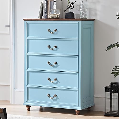 Miniatura 40 de Cómoda de 5 cajones estilo granja para dormitorio, cofres de cajones rústicos de 45" de alto con 4 patas de madera maciza, cómodas de almacenamiento