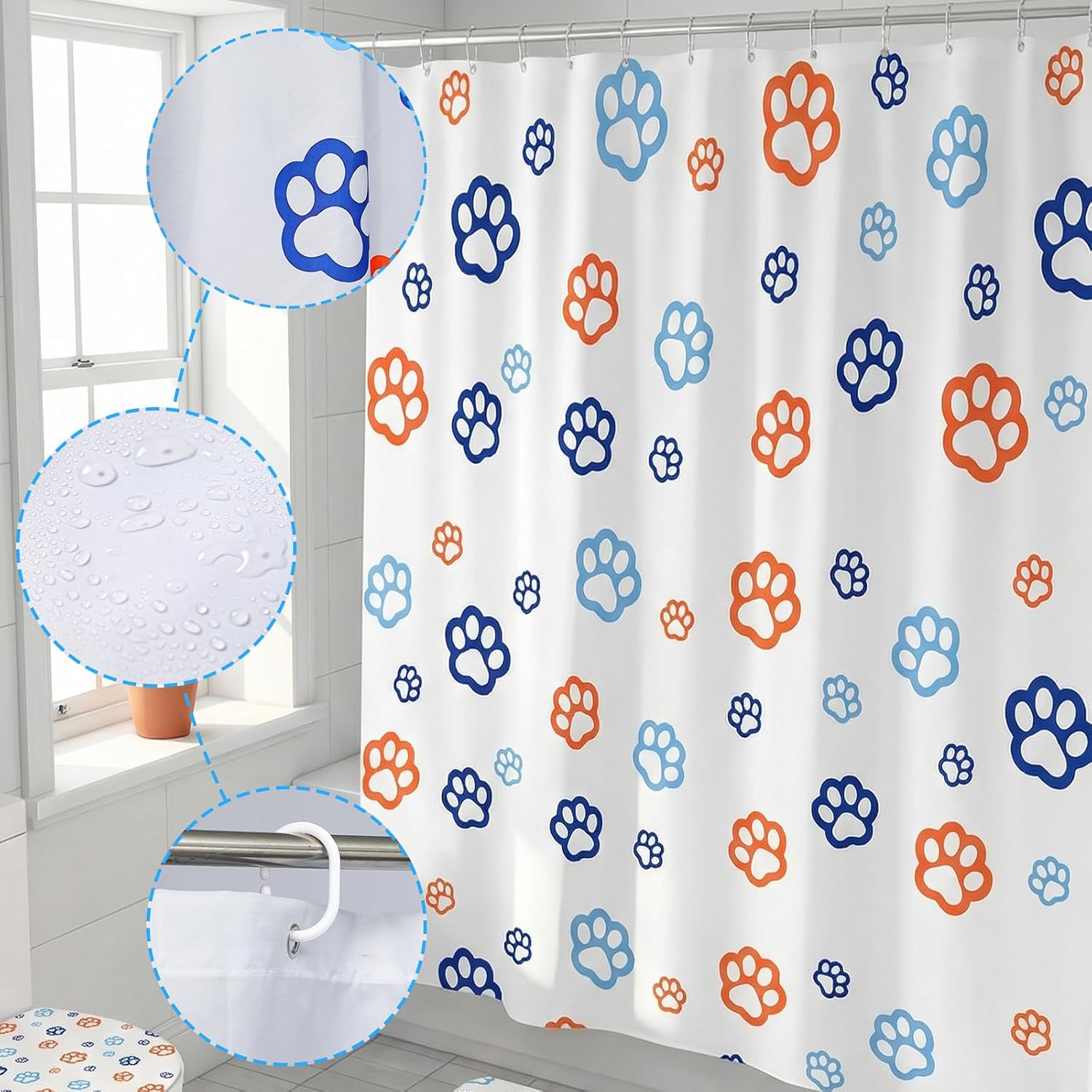 Flutesan 4 Pcs Dog Paw Print Shower Curtain Set Includes Blue Dog Shower Curtain Rugs Toilet Lid Cover and Bath Mat Non-Slip Bathroom Decor for Dogs Lovers Tub Toilet