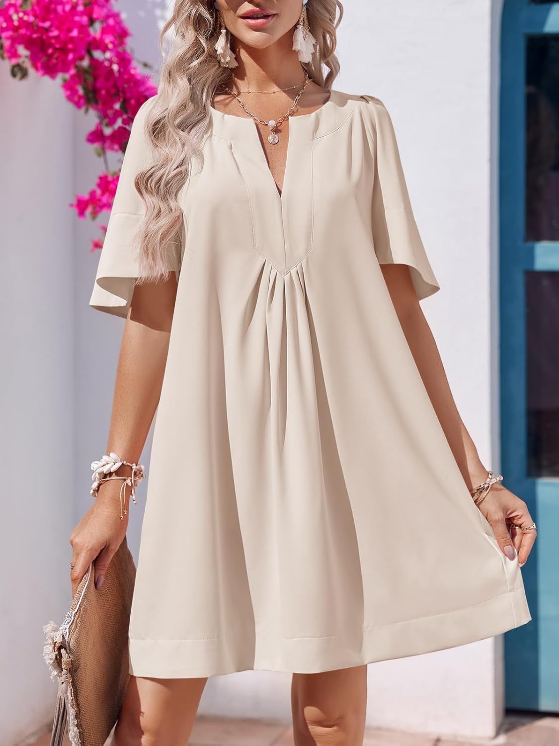 Wenrine Womens Flutter Short Sleeve Mini Dress Casual V Neck Loose Flowy Summer Dresses - Image 2