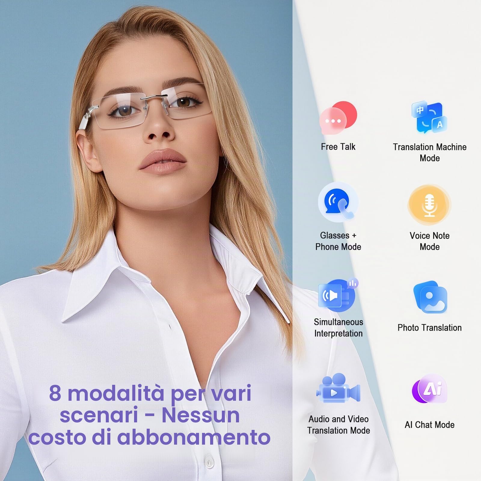 GenXenon Occhiali Smart AI, Occhiali AI con Altoparlanti Open-ear, Lenti Fotocromatiche, Musica, Chiamate in Musica, Vivavoce, Smart Glasses Senza Montatura per Viaggi, Lavoro, Studio (Bianco)