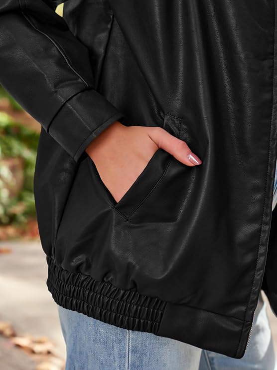 AUTOMET Women's Oversized Faux Leather Jacket Boyfriend Biker Moto Coat Lightweight Fall Bomber Outerwear