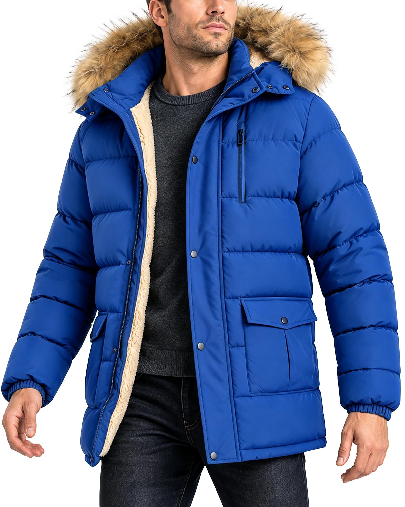ZITY Men's Winter Jacket Thicken Sherpa Lined Fleece Parka Long Outerwear Fur Coats Water-Resistant Windproof Hooded Jackets