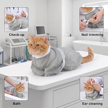 Cat Bag for Bath, Multifunctional Breathable Mesh Cat Bathing Bag, Adjustable Scratching Proof Restraint Accessories for Washing, Nail Trimming, Grooming, Vet Visits (Gray)