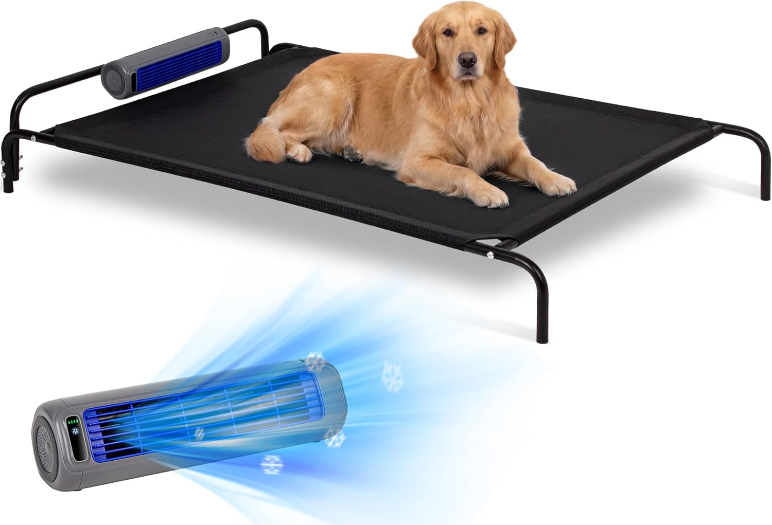Elevated Outdoor Dog Bed with Fan - Cooling Dog Bed for Large Dogs, Waterproof Cot Easy to Assemble, 3 Wind Speed, Raised Dog Bed with Washable Mesh Cover, Durable, Non Slip, Up to 105 lbs