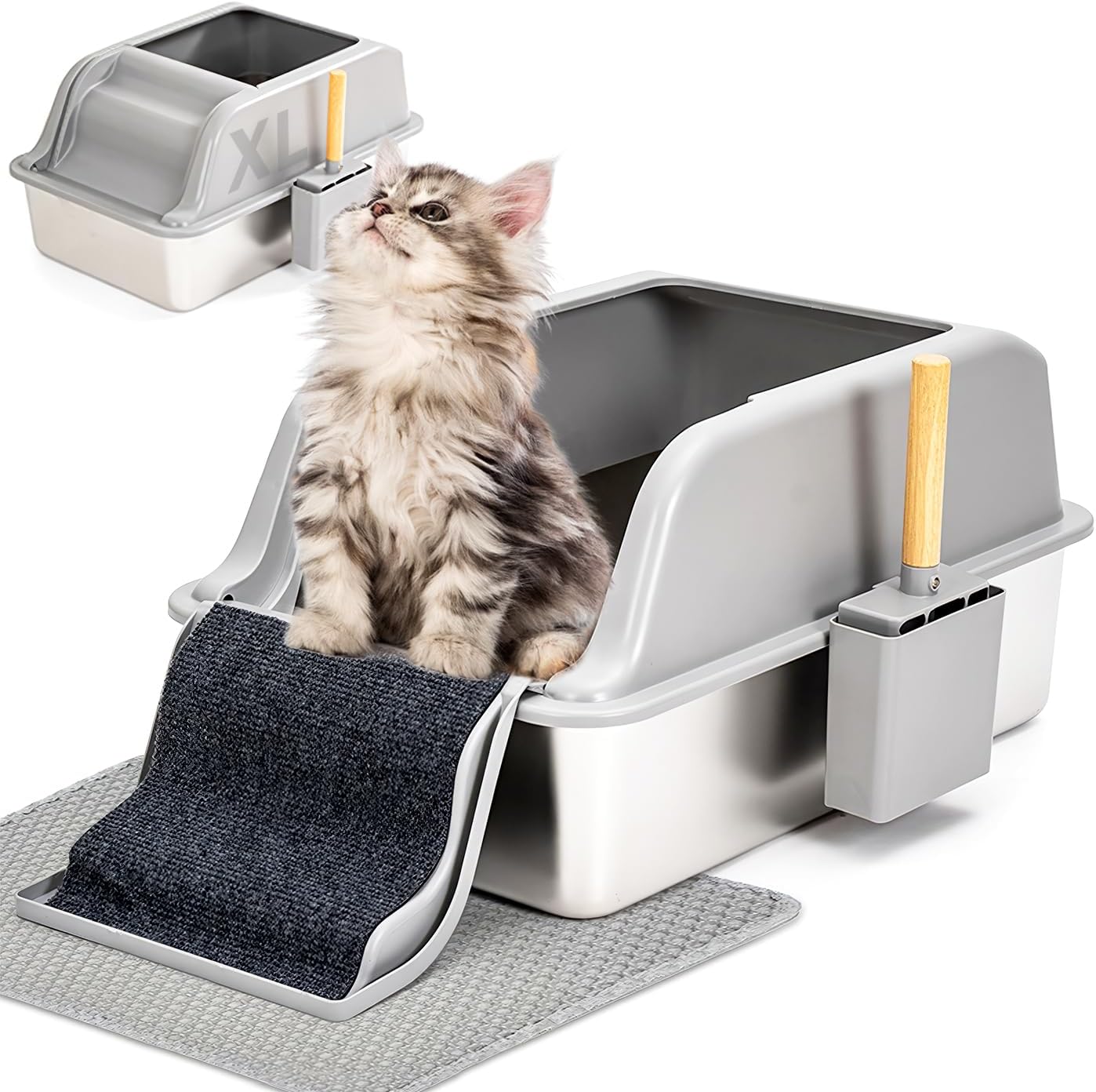 XL Large Metal Cat Litter Box Stainless Steel for Big Cats, Easy Clean High Sided Cat Litter Box with Cats Litter Mat & Scoop, Ladder & Claw Grinding Board, Non Stick, No Smell