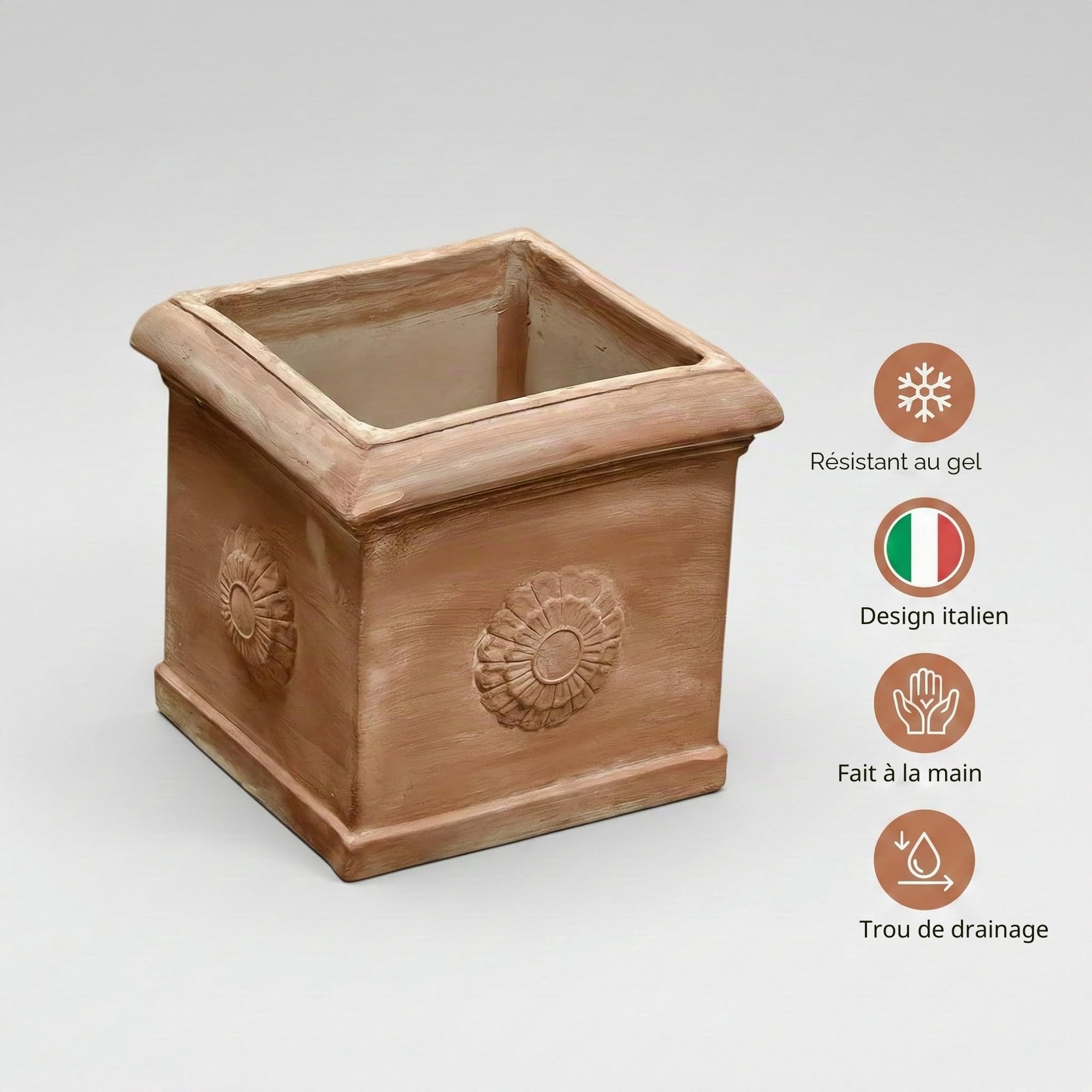 teramico Pot de Fleurs Cubo Con Rosone fabriqué à la Main en Terre Cuite d'origine résistant au Gel (25 cm)