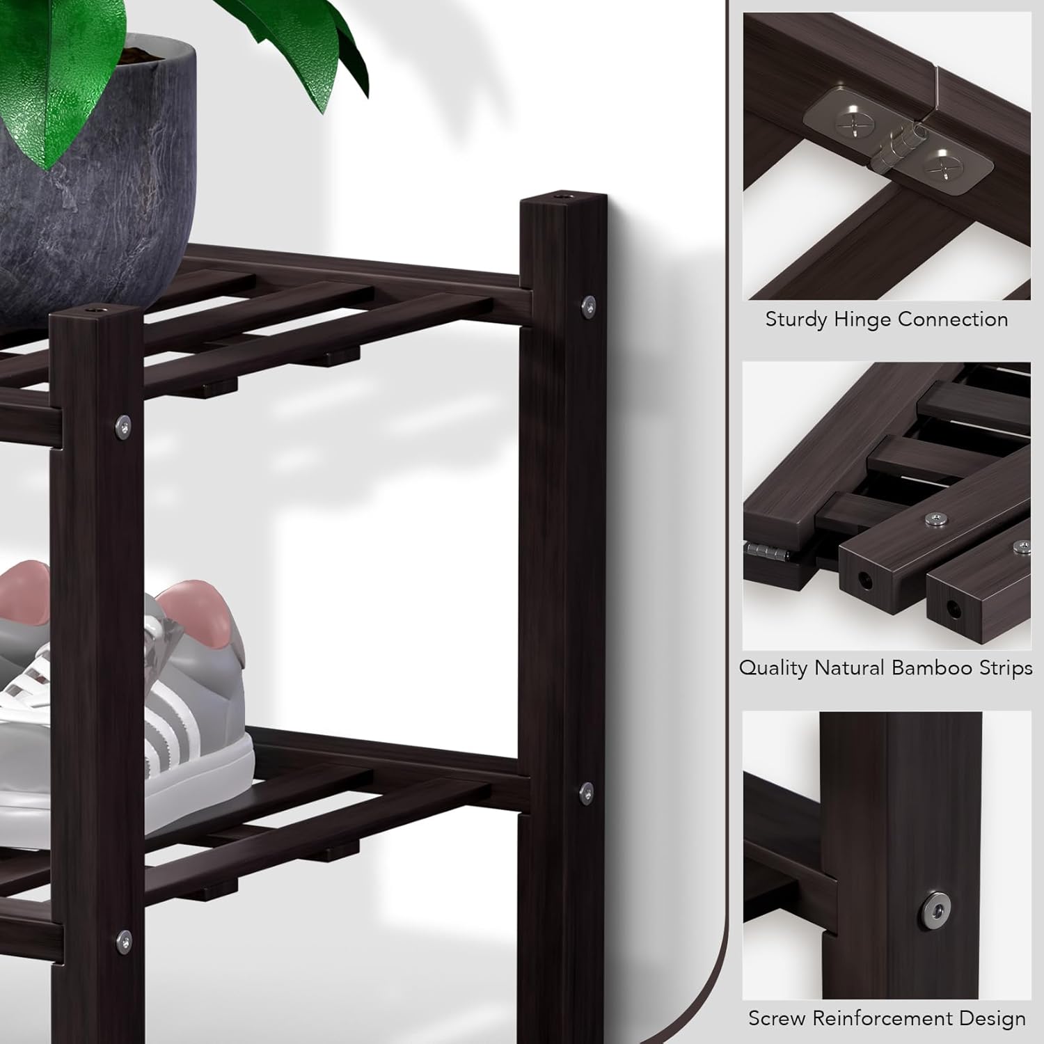 Haddockway Long 3 Tier Bamboo Shoe Rack Storage Organizer,Multifunctional Free Standing Stackable Shoe Shelf with Grid Panel for Closet,Hallway,Entryway,Small Space 34.2"x11"x20"