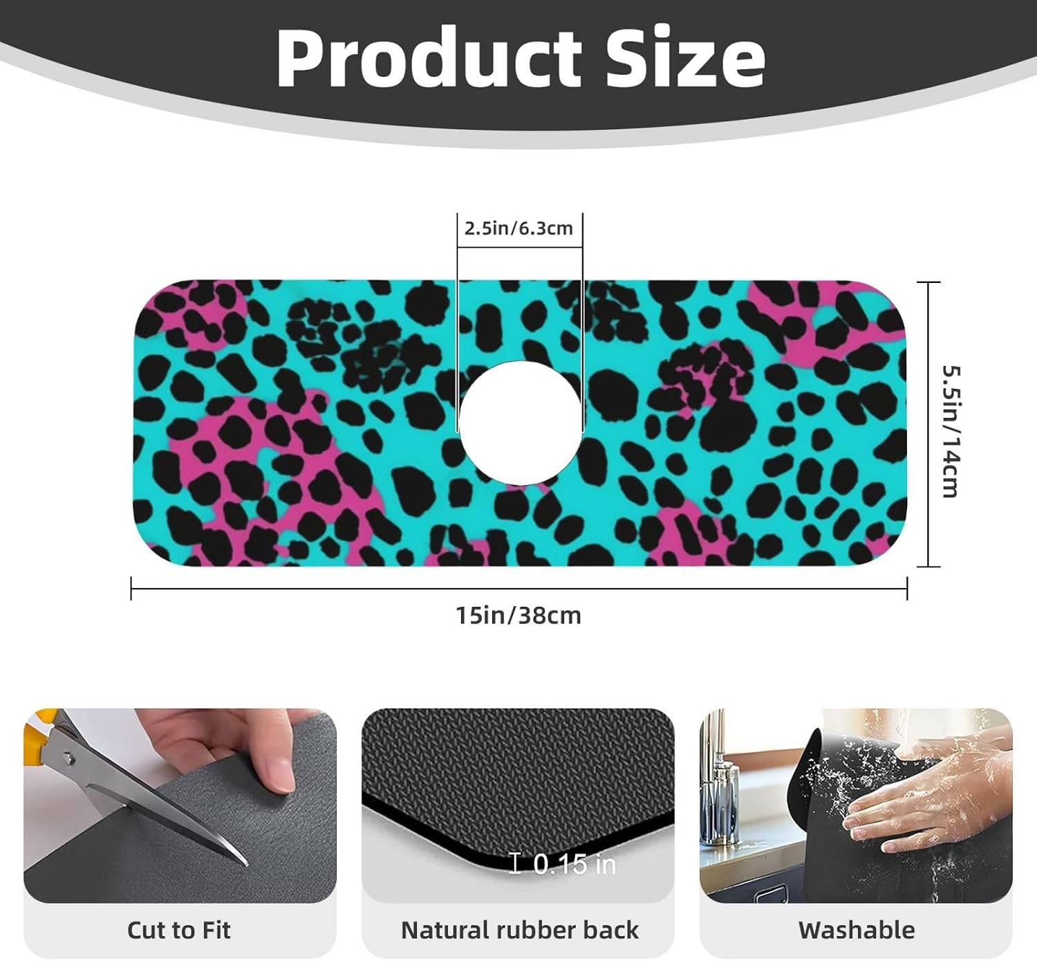Cute Turquoise Leopard Sink Splash Guard Faucet Mat 15" X 5.5,Super Absorbent Fast Drying Mat Sink Gadgets-Splash Guard Behind Faucet Drip Catcher For Kitchen Bathroom image 2