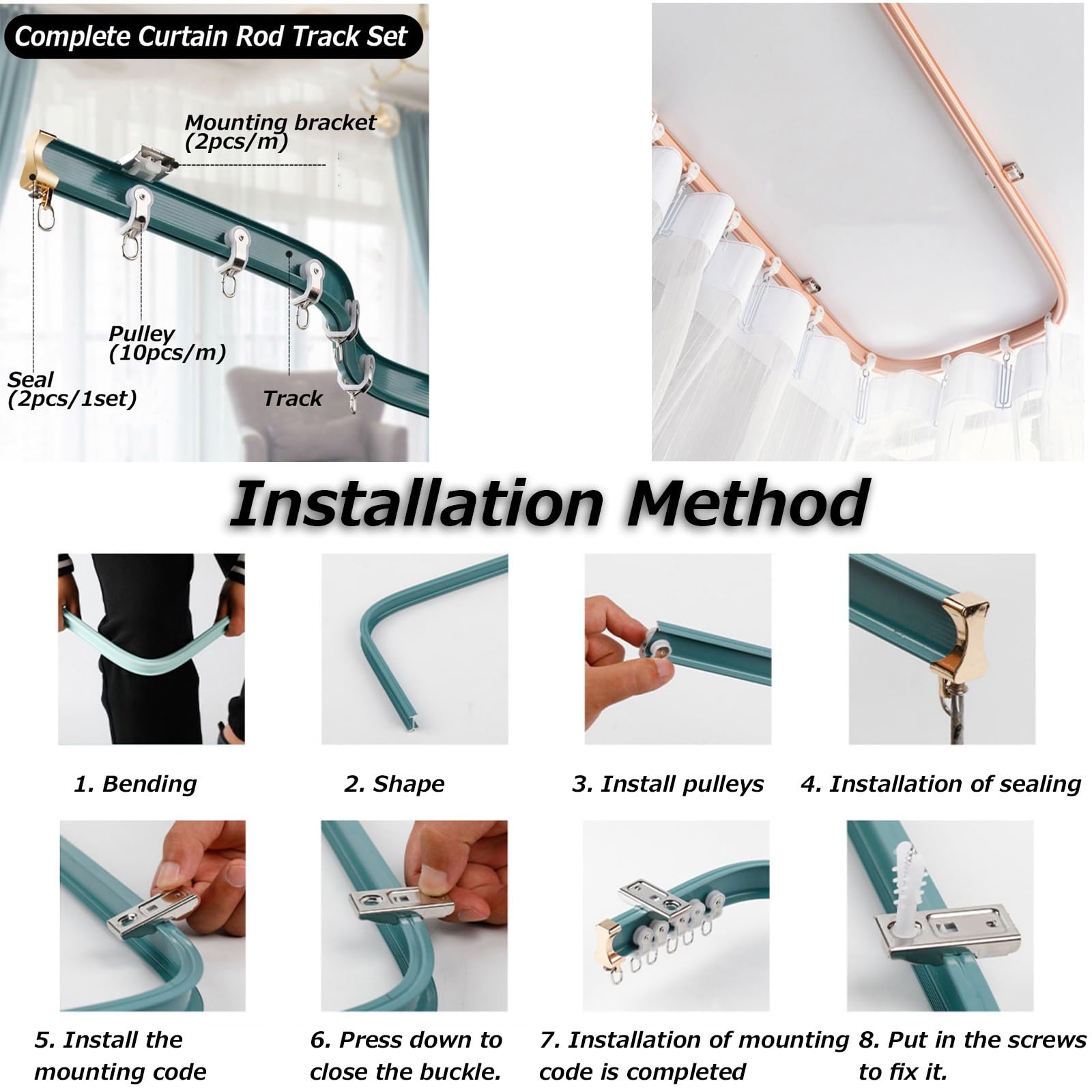 Kit Binario Tenda Curvabile V3VOGUE In Alluminio, Tagliabile E Piegabile A L/U, Con Staffe Soffitto/Parete E Pulegge Silenziose