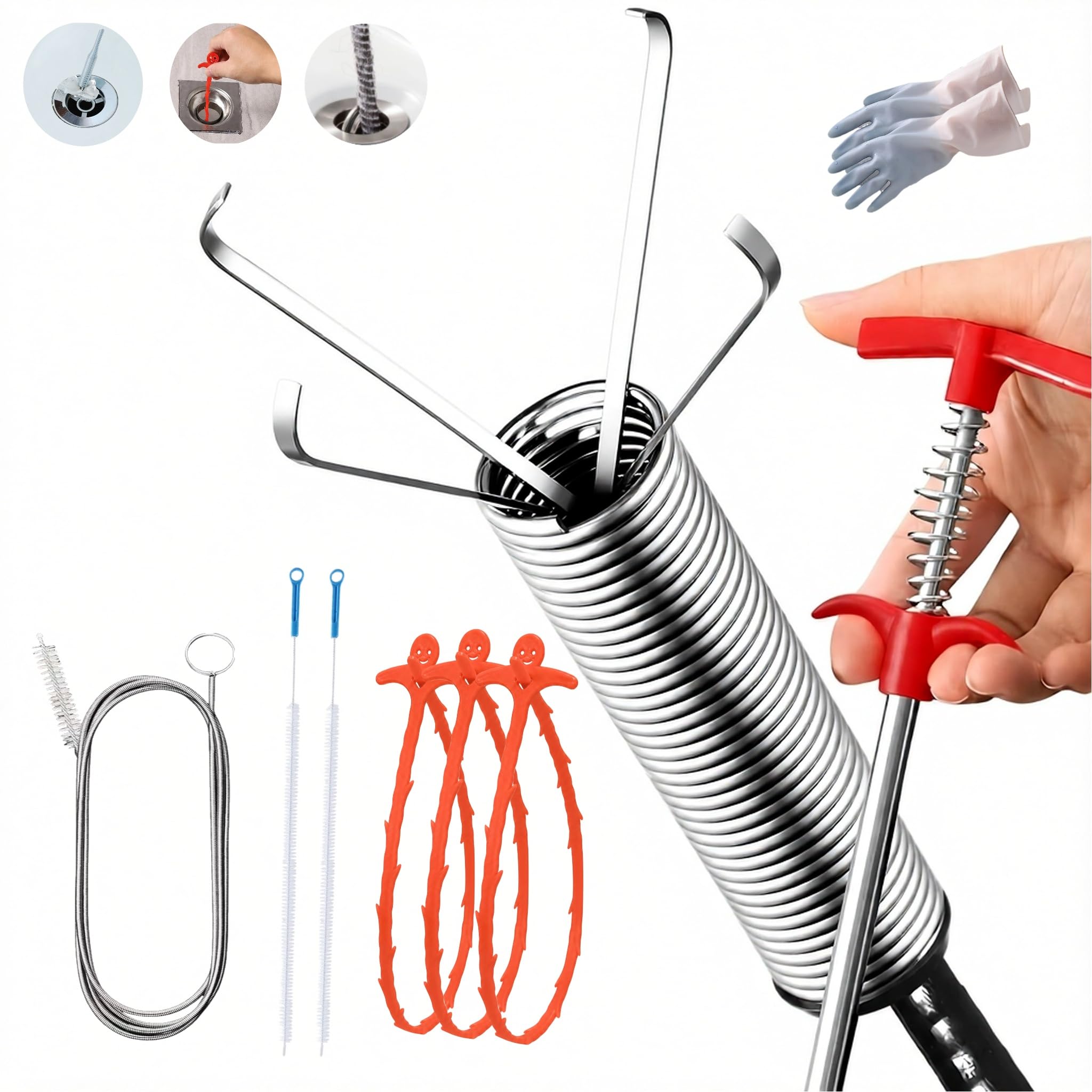 8Pcs Drain Snake Unblocker Tools Set, Included Flexible Pipe Unblocker Hooks, Cleaning Brush and Waterproof Gloves for Kitchen Sink, Bathroom Tub, Toilet, Shower Pipe Clog Remover