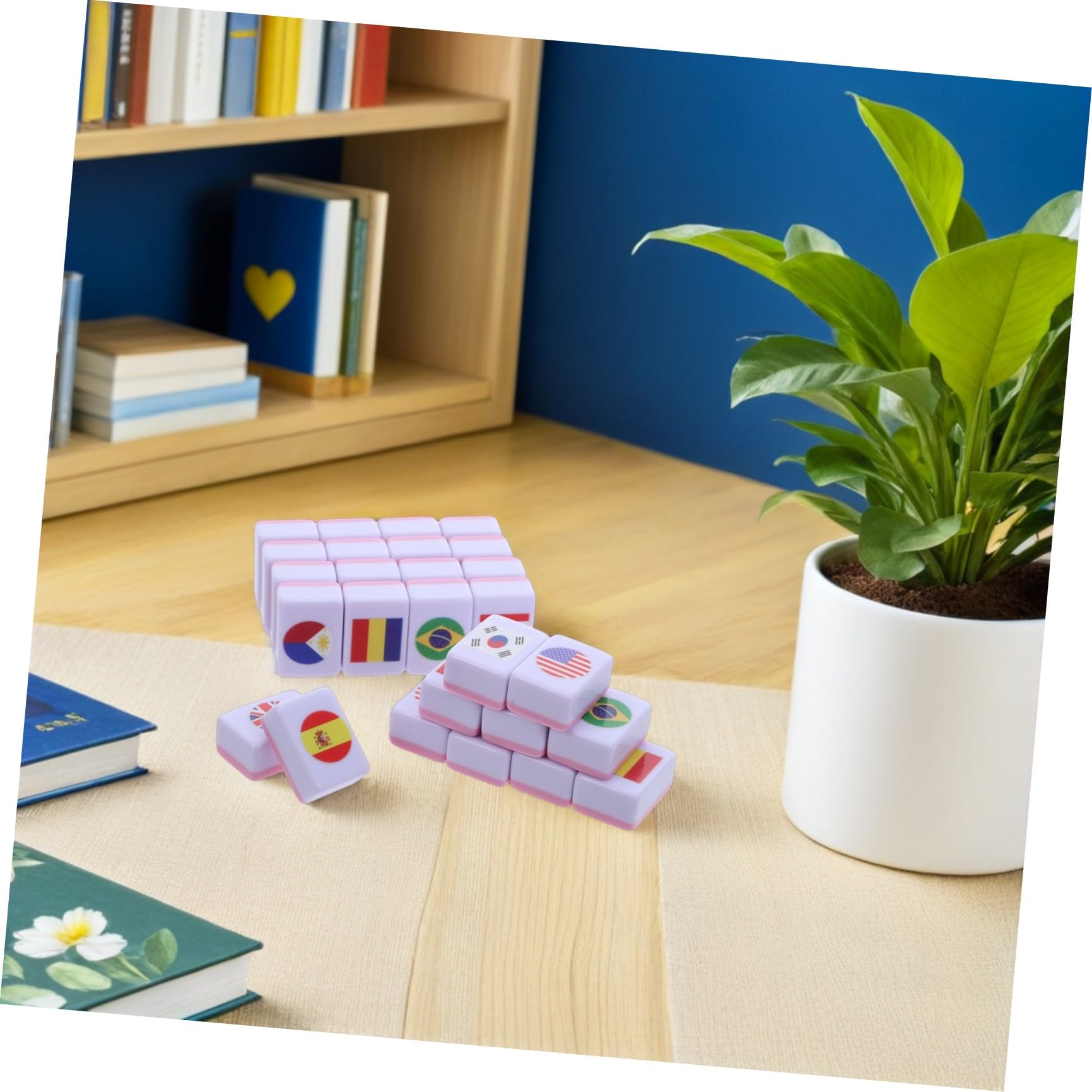 Kisangel Set Mahjong 64 Pezzi Motivo Bandiera in Melamina, Gioco da Tavolo Educativo e Compatto per Famiglie e Coppie, per Riunioni e Divertimento