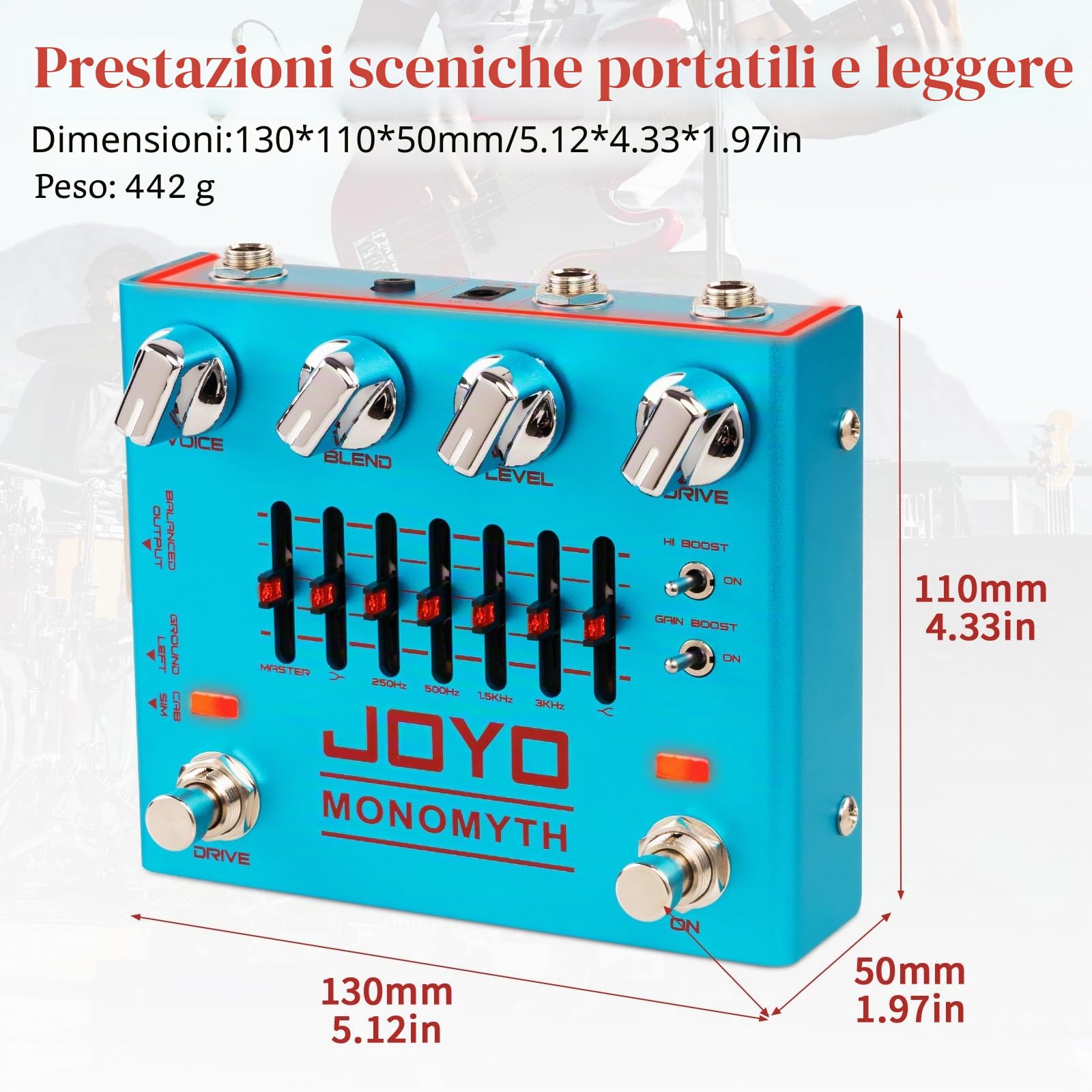 JOYO Pedale per basso chitarra elettrica Overdrive, simulatore di amplificatore, effetto con EQ e riduzione del rumore per bassista (MONOMYTH R-26)