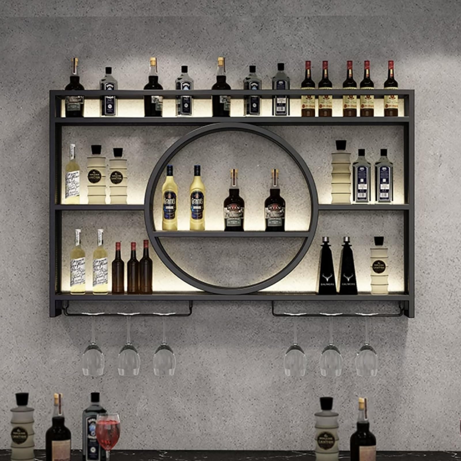 Casier à vin mural moderne étagère suspendue en fer pour bouteille et verre de bar
