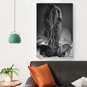 Art Canvas: Sexy Tattoo Girl - Black & White Wall Art, 24x36inch (60x90cm), For Living Room, Bedroom, Office Decor